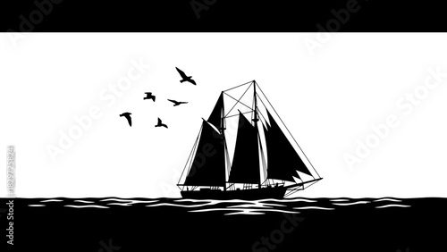Black and white illustration of a sailing ship with birds flying above it.