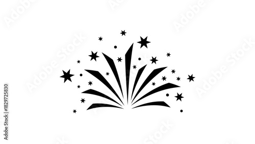 A minimalist black and white graphic illustration of a celebratory firework burst with stars and sparkles.