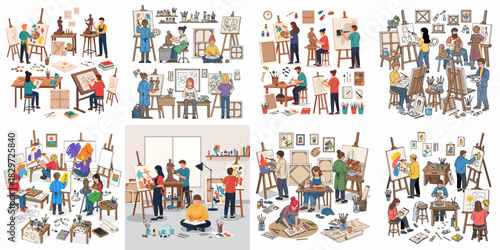 Collection of diverse artists painting on easels, sculpting clay figures, and sketching in a busy art studio or educational creative workshop environment.