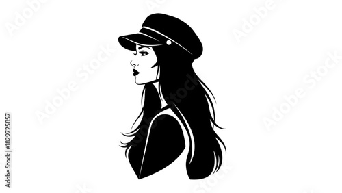 A stylish black and white illustration of a woman wearing a cap and looking to the side.