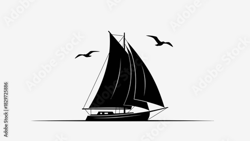 Silhouette of a sailboat with two seagulls flying in the sky, minimalist design.