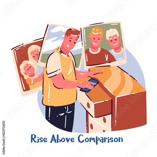 Rise Above Comparison scene with man turning away from comparing images, focus on self-growth and rising mindset, simple cartoon doodle style, motivational mood, vector illustration.