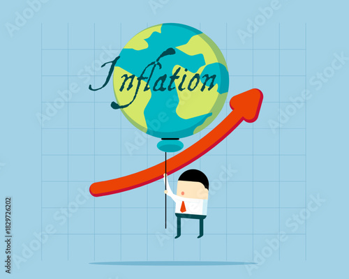 A cartoon businessman hangs onto a rising red arrow attached to a globe labeled “Inflation,” symbolizing global price increases and economic pressure.