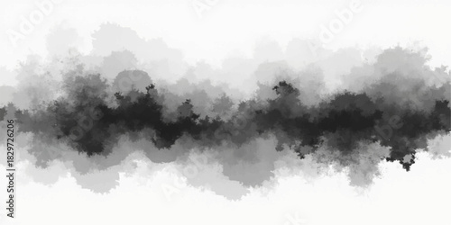 Abstract grunge nature landscape of white fog and smoke in a forest with clouds and light blue sky