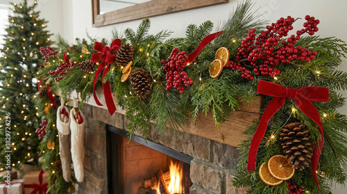 A festive Christmas garland features green evergreen branches, natural pinecones, and vibrant red berries