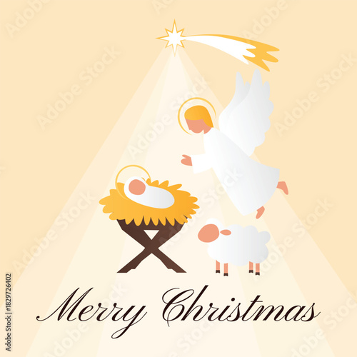 Greeting card angel and lamd watching over baby Jesus in a peaceful nativity scene under bright Bethlehem star warm background