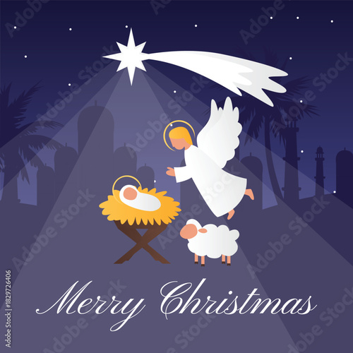 Greeting card angel and lamd watching over baby Jesus in a peaceful nativity scene under bright Bethlehem star on dark night sky background