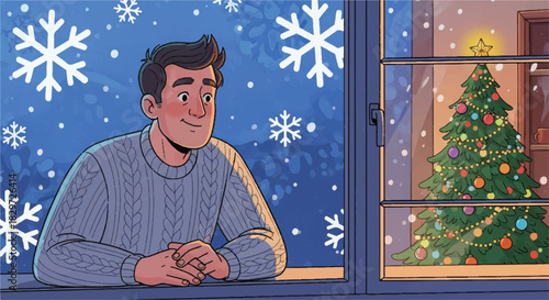 Man looking out window at Christmas tree and snow.