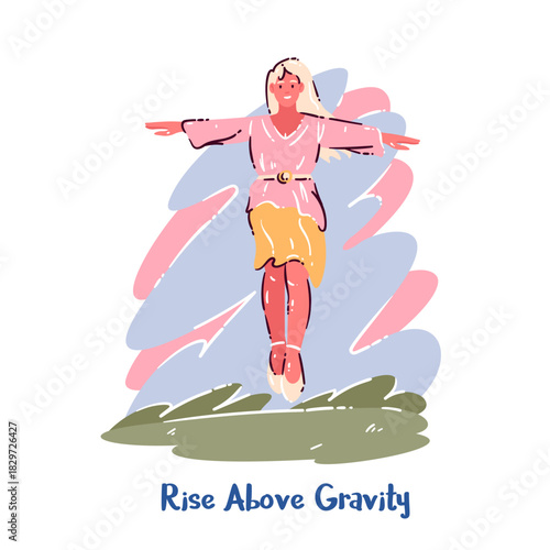 Rise Above Gravity scene with levitating woman, gravity-defying pose and light movement accents. Soft cartoon style, dynamic floating mood, motivational gravity theme, ending with illustration.