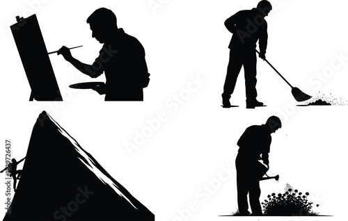 Silhouette collection of people doing various activities and professions in black and white