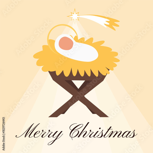 Greeting card with nativity scene with newborn Jesus in a manger with shining Bethlehem star on warm background, minimalist Christmas illustration