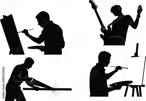 Silhouette collection of creative artists working on their respective crafts