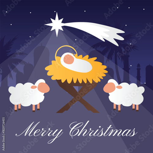 Greeting card nativity scene with baby Jesus, lambs and shining Bethlehem star on dark night sky background