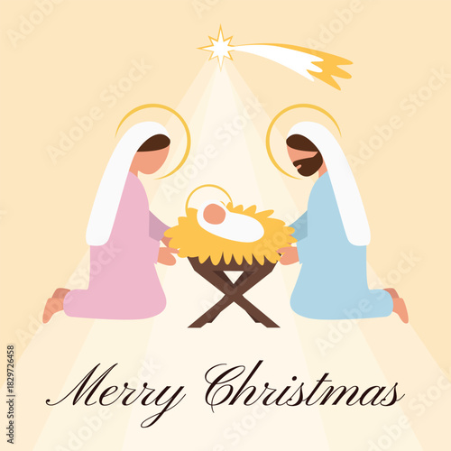 Greeting card, background Holy Family nativity scene with Mary, Joseph and baby Jesus under the bright Bethlehem star