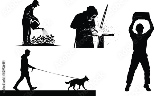 Silhouette illustrations of people performing daily activities and tasks