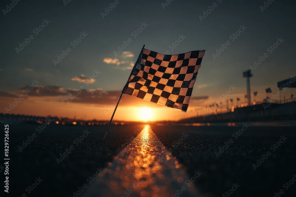 Obraz premium Checkered Flag Waving at Sunset on a Race Track Symbolizing Victory