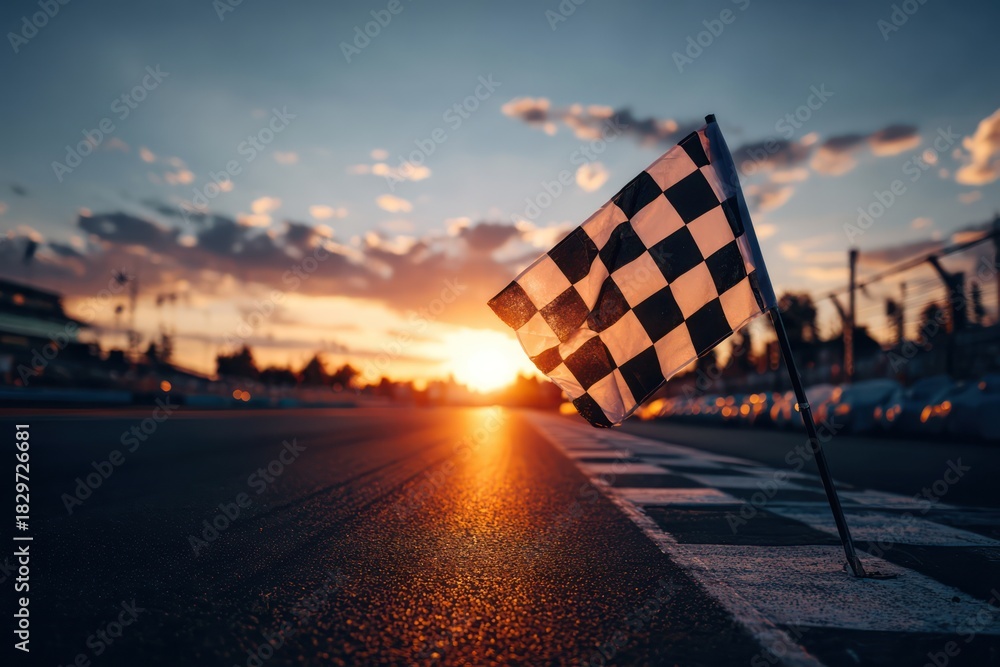 Naklejka premium Symbol of Victory: Checkered Flag Against a Colorful Sunset Sky