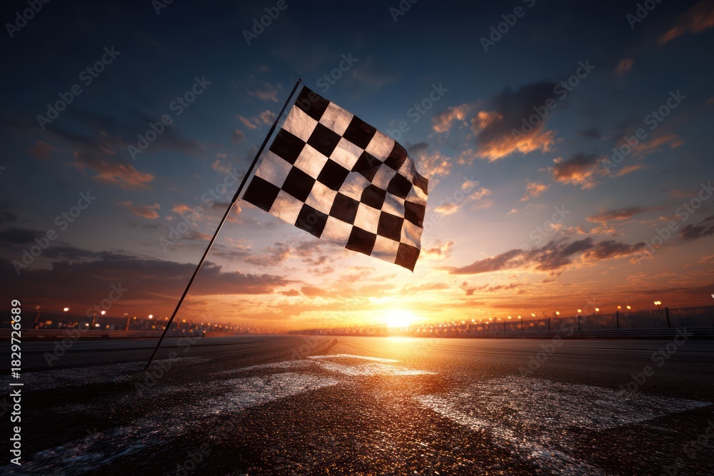 Obraz premium Race Track Finish Line: Waving Checkered Flag at Golden Hour