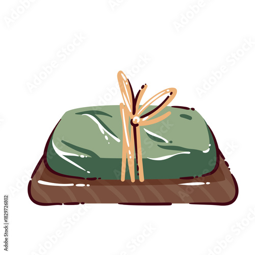 Handmade soap with green block form tied by natural string on wooden base, soft doodle shapes and warm tones in simple cartoon style. Skincare cleansing bar drawing, vector illustration.