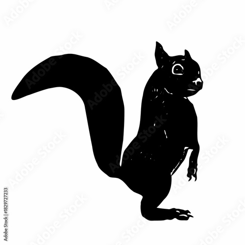 Vintage engraved squirrel sitting upright with large tail and textured fur details, illustrated in classic style.