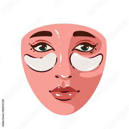 Female face with hydrogel eye patches, soft skin tones, expressive eyes and glossy highlights in smooth cartoon style. Skincare beauty mask drawing with rounded shapes, vector illustration.