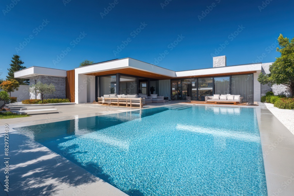 Fototapeta premium Modern House Exterior with Swimming Pool and Lush Garden