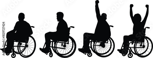 Silhouette of individuals in wheelchairs, showcasing empowerment, resilience, and achievement, disabled individuals, overcoming challenges, wheelchair users, positive energy