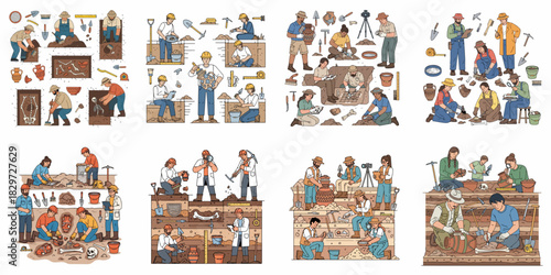 Archaeology and Paleontology fieldwork set: professionals excavating ancient artifacts, fossils, bones, and historical remains in trenches and dig sites.