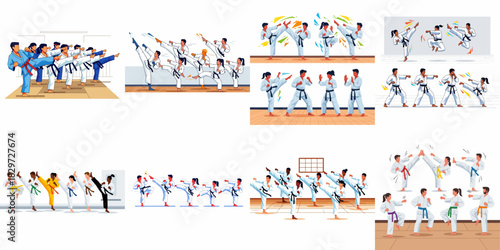 Dynamic vector illustration collection of diverse people practicing martial arts, featuring high kicks, punches, and training in various stances and belt levels.