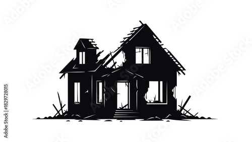 Abandoned house silhouette illustration with broken windows and crumbling roof silhouette