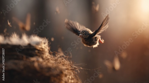 A fledgling bird takes its first flight from a cozy nest at sunrise. Warm sunlight highlights the tender moment of newfound freedom and natural adventure.