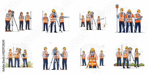 Collection of diverse land surveying teams working on construction sites using specialized geodetic measurement tools.