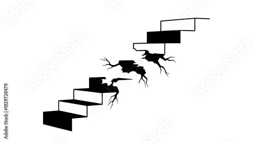 Broken stairs silhouette with cracks and damage leading to unknown destination silhouette
