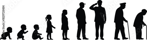 Silhouette of male life stages from baby to elderly, ideal for education, health, timeline, aging, and human development projects.