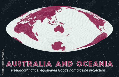 Australia and Oceania. World map. Pseudocylindrical equal-area Goode homolosine projection centered to Australia and Oceania. Pale Mint Dark Pink palette. Vintage texture. Classic vector illustration.