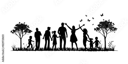 Silhouettes of people in nature. Happy families together. Vector icon
