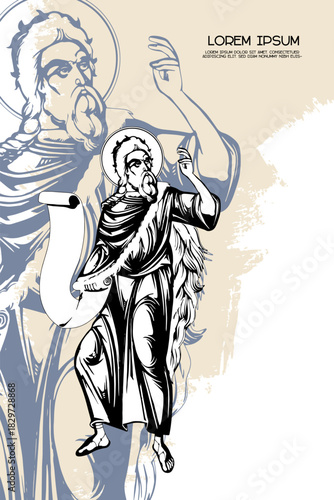 Religious vintage poster template with Prophet Saint Elijah. Christian illustration in Byzantine style