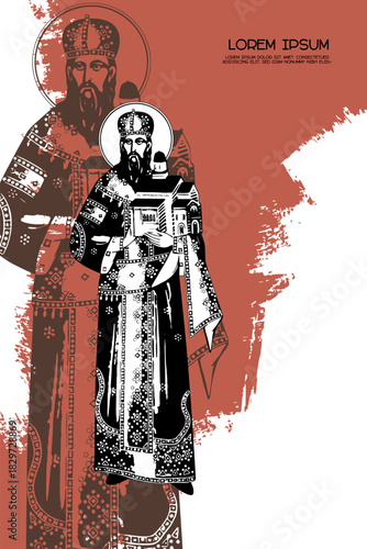 Religious vintage poster template with Saint Stefan Urosh I. Christian illustration in Byzantine style
