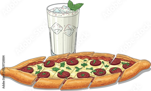 Illustration of a Turkish Pide (flatbread) With Cheese And Sliced Sausage Served With A Glass Of Ayran (yogurt drink) Isolated On White Background