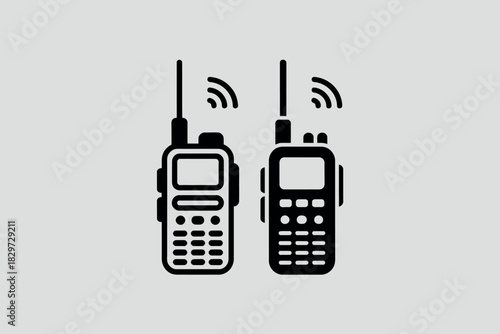 Two black and white icons of walkie talkies with radio waves