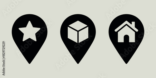 Three black map pin icons with star cube and house symbols on a light background