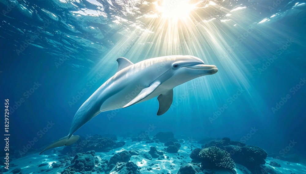 Fototapeta premium Dolphin Swimming Under Bright Underwater Sunbeams
