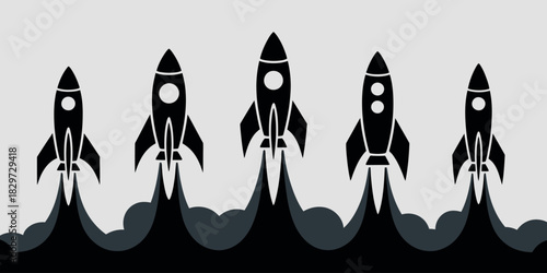 Five black rockets launching into space with smoke trails