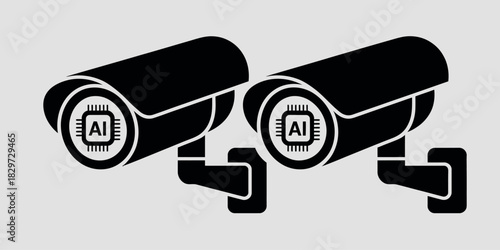 Two surveillance cameras with ai chip symbol on a neutral background