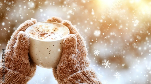 Cozy Winter Scene with Hands Holding a Warm Coffee Mug on Snowy Background with Frosted Mittens