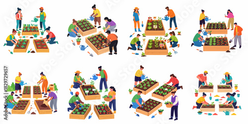 Diverse Group Engaged in Gardening: Planting, Watering, and Harvesting Vegetables in Raised Garden Beds.