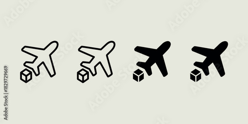 Set of airplane and cargo box icons in outline and solid styles