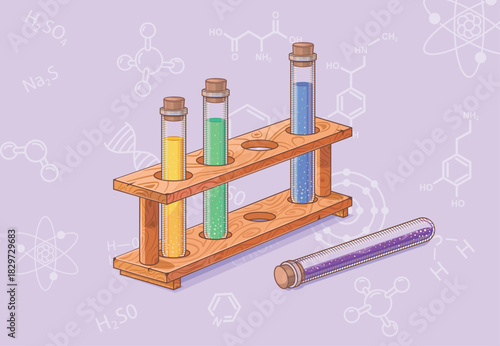 A stylized vector illustration of a wooden test tube stand. Suitable for school projects, chemistry, biology, and science presentations, educational institution websites, and laboratories.