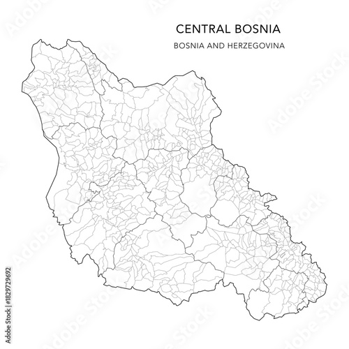 Vector Map of Central Bosnia Canton (Srednjobosanski Kanton, Županija Središnja Bosna) with Settlements (Naselja), Cities and Municipalities - FBiH, Bosnia and Herzegovina 2025
