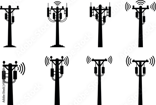 Cell tower silhouettes with antennas and wireless signals, telecom infrastructure vector art, communication network series - flavector